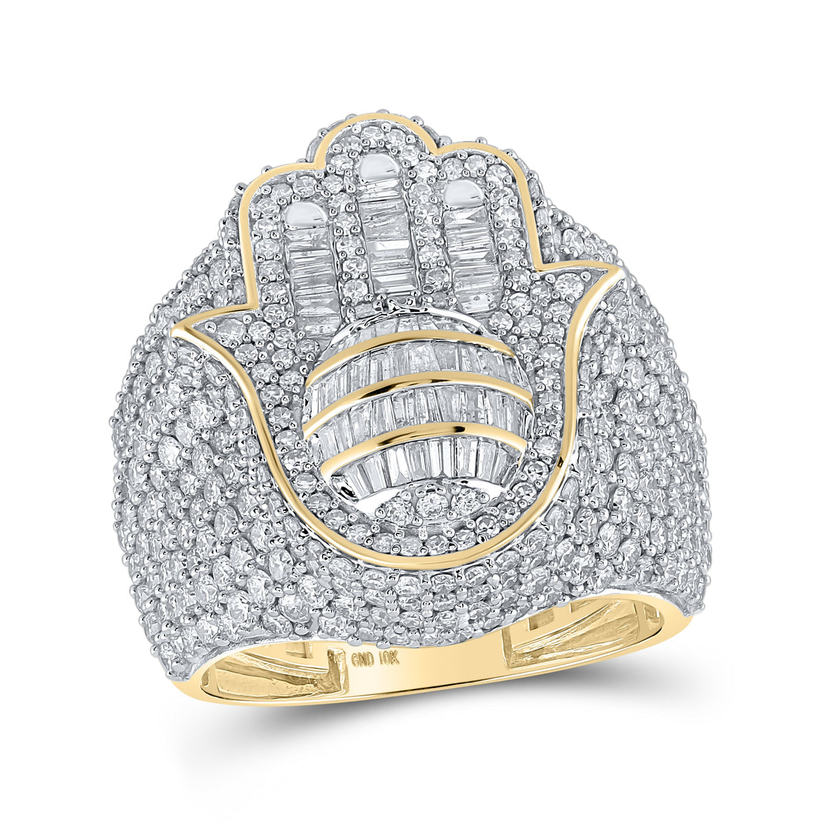 10kt Yellow Gold Mens Baguette Diamond Hamsa Ring 5-1/3 Cttw