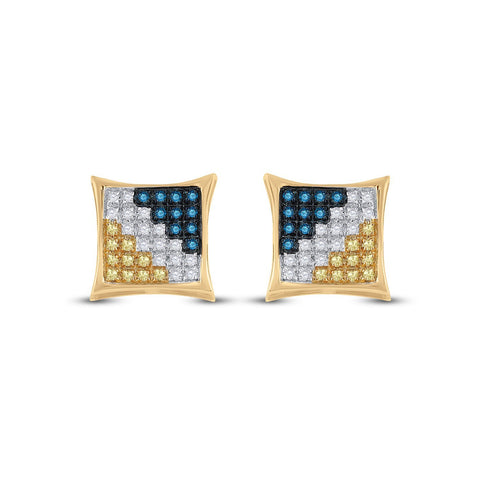 10kt Yellow Gold Mens Round Blue Color Enhanced Diamond Square Kite Cluster Earrings 1/4 Cttw