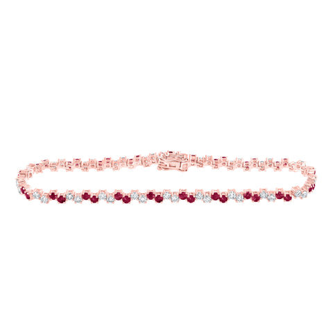 14kt Rose Gold Womens Round Ruby Diamond Tennis Bracelet 3-5/8 Cttw