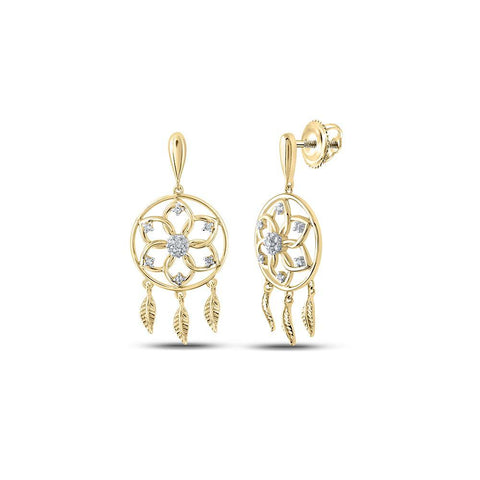 10kt Yellow Gold Womens Round Diamond Dream Catcher Dangle Earrings 1/10 Cttw