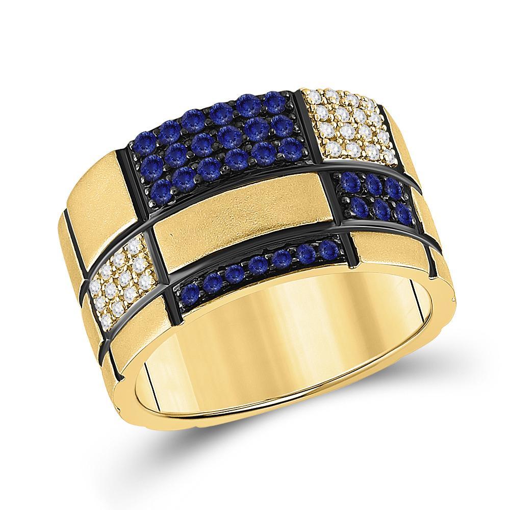 14kt Yellow Gold Mens Round Blue Sapphire Checkered Band Ring 5/8 Cttw