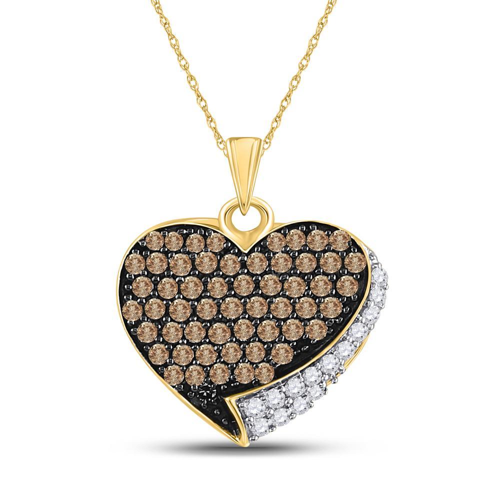 10kt Yellow Gold Womens Round Brown Diamond Heart Pendant 7/8 Cttw