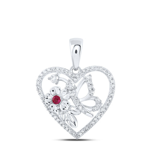 10kt White Gold Womens Round Ruby Diamond Butterfly Heart Pendant 1/5 Cttw