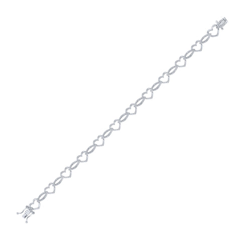 Sterling Silver Womens Round Diamond Heart Outline Link Bracelet 1/6 Cttw