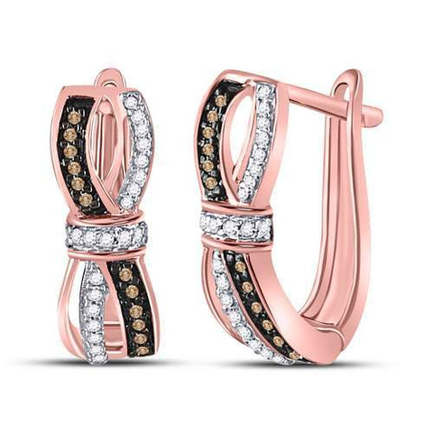 10kt Rose Gold Womens Round Brown Diamond Fashion Hoop Earrings 1/5 Cttw