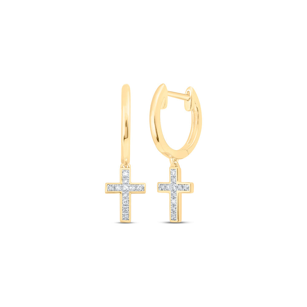 10kt Yellow Gold Womens Round Diamond Cross Dangle Earrings 1/20 Cttw