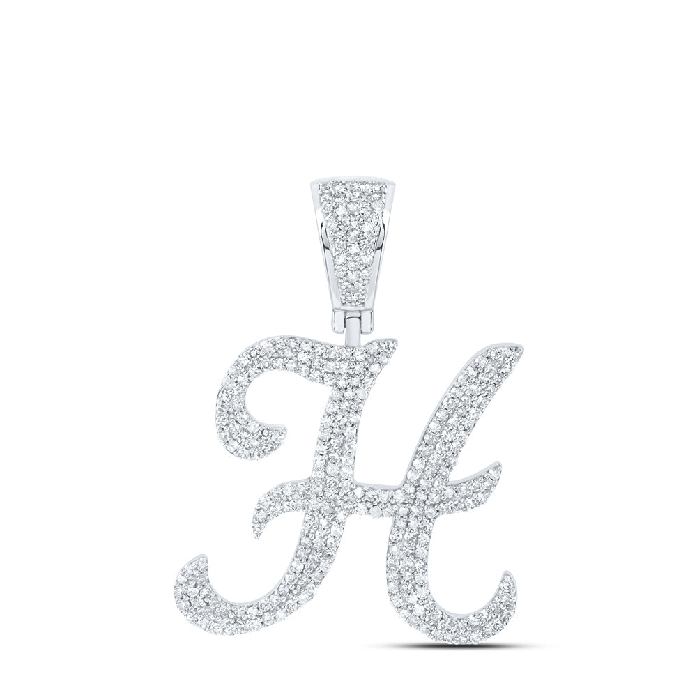 10kt White Gold Mens Round Diamond H Initial Letter Charm Pendant 1-1/5 Cttw