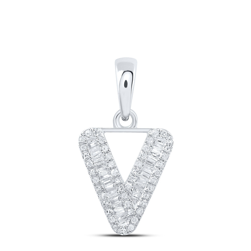 10kt White Gold Womens Baguette Diamond V Initial Letter Pendant 1/4 Cttw