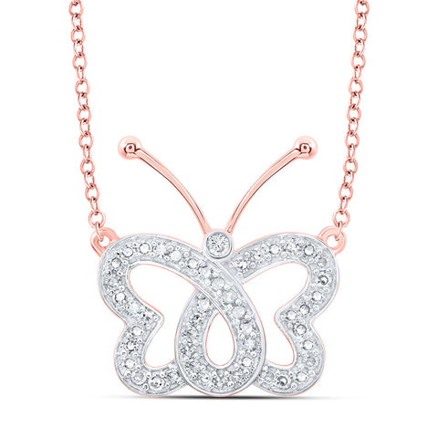 10kt Rose Gold Womens Round Diamond Butterfly Necklace 1/4 Cttw