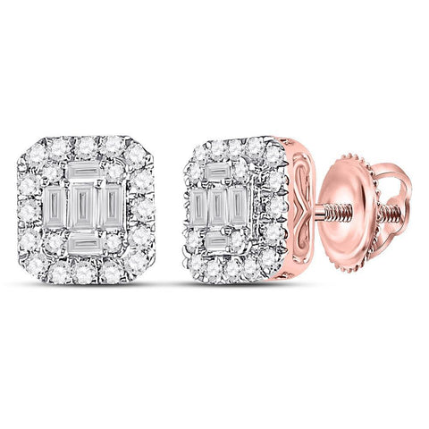 14kt Rose Gold Womens Baguette Diamond Square Cluster Earrings 1/2 Cttw