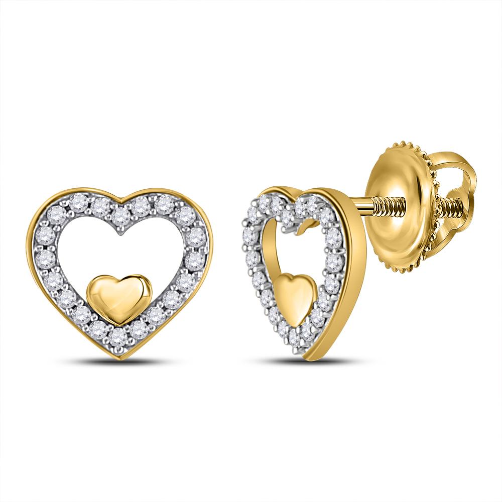 10kt Yellow Gold Womens Round Diamond Heart Earrings 1/8 Cttw