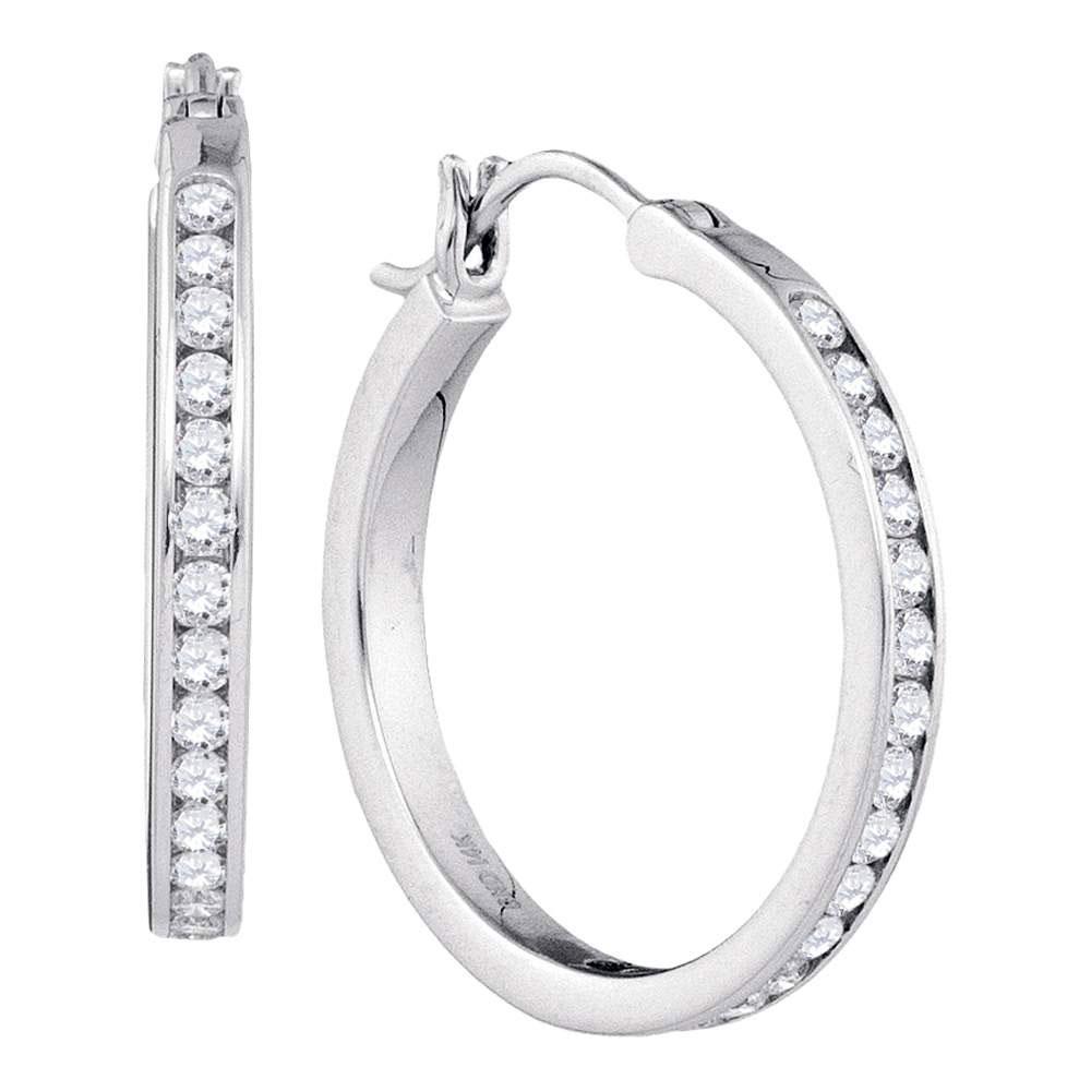 14kt White Gold Womens Round Diamond Hoop Snap-down Post Earrings 1 Cttw