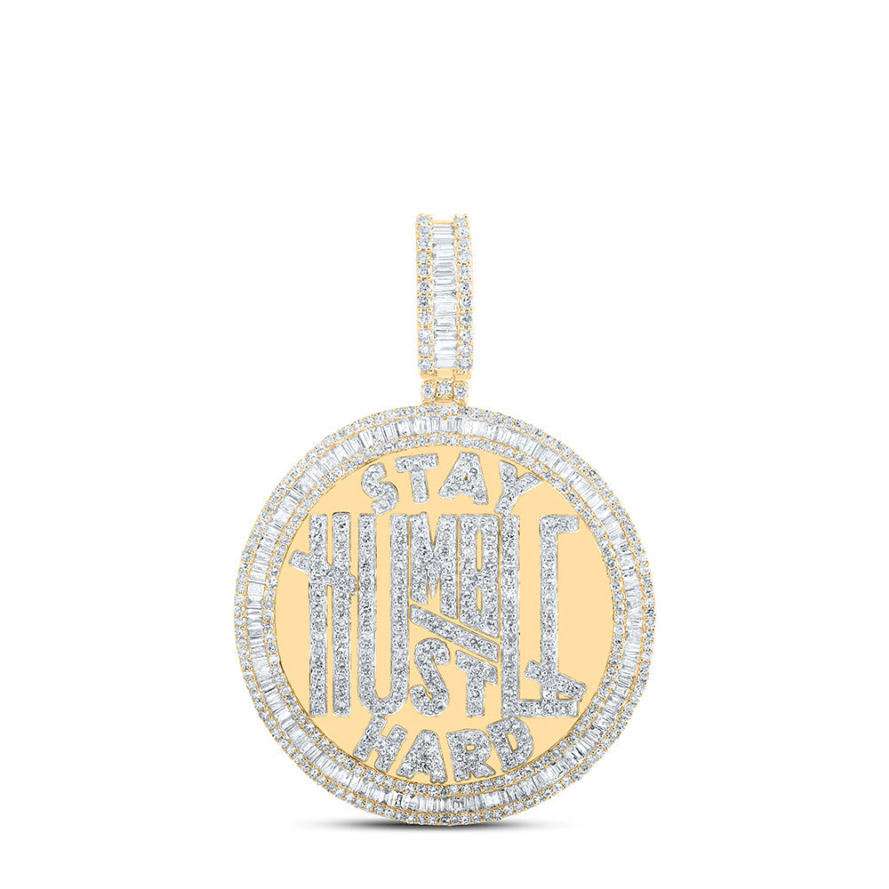 10kt Yellow Gold Mens Baguette Diamond Stay Humble Hustle Hard Phrase Charm Pendant 3-3/4 Cttw