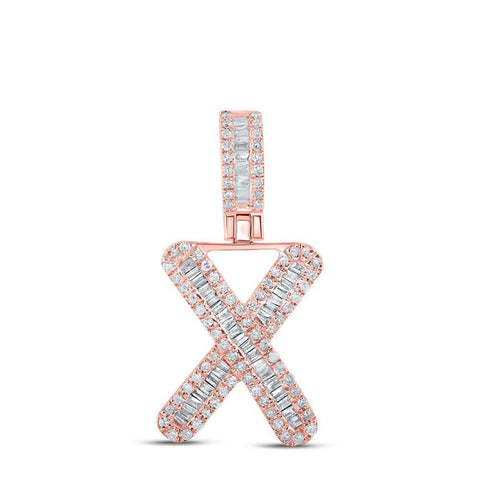 10kt Rose Gold Mens Baguette Diamond X Initial Letter Pendant 3/8 Cttw