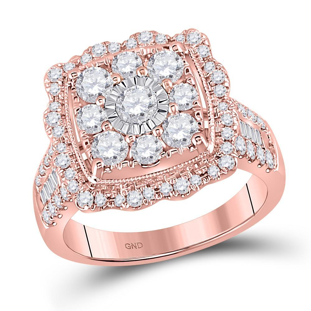 14kt Rose Gold Womens Round Diamond Square Flower Cluster Ring 2 Cttw