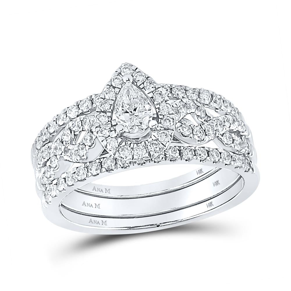 14kt White Gold Pear Diamond 3-Piece Bridal Wedding Ring Band Set 7/8 Cttw