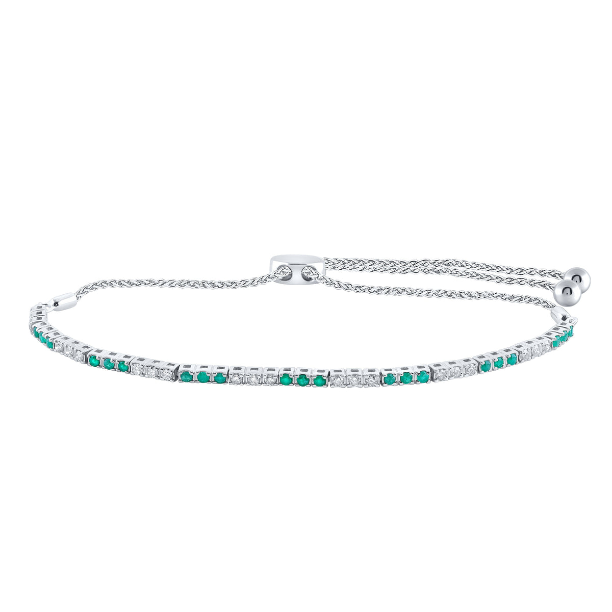 14kt White Gold Womens Round Emerald Diamond Bolo Bracelet 3/4 Cttw