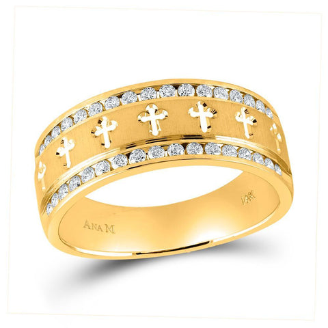 14kt Yellow Gold Mens Round Channel-set Diamond Cross Wedding Band Ring 1/2 Cttw