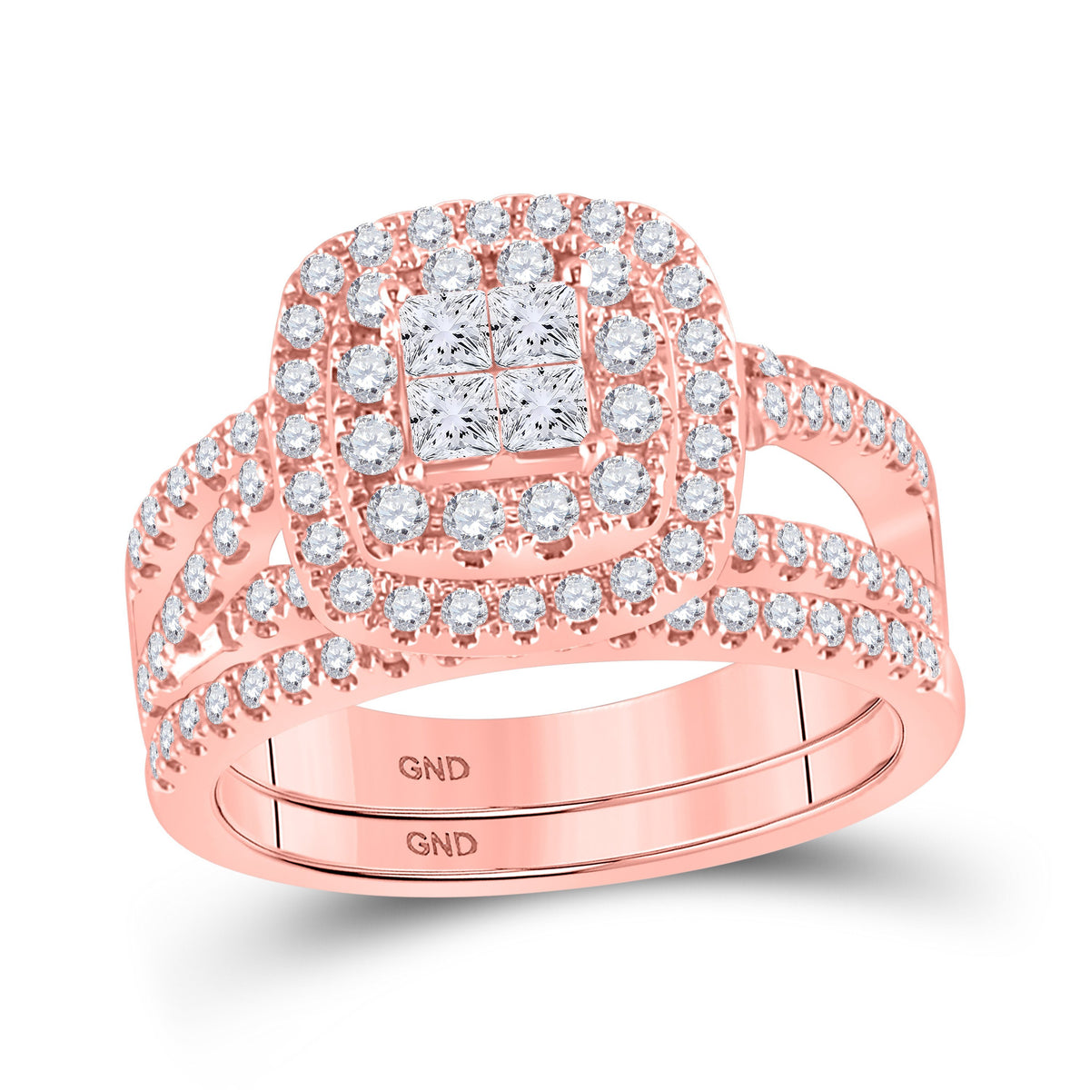 14kt Rose Gold Princess Diamond Bridal Wedding Ring Band Set 1 Cttw