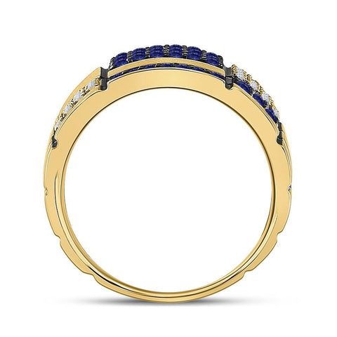 14kt Yellow Gold Mens Round Blue Sapphire Checkered Band Ring 5/8 Cttw