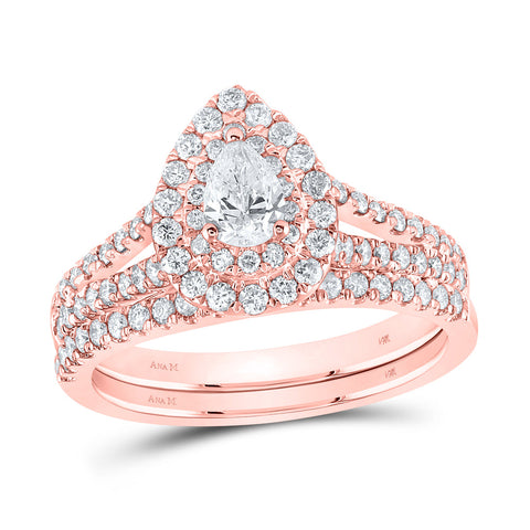 14kt Rose Gold Pear Diamond Halo Bridal Wedding Ring Band Set 1 Cttw