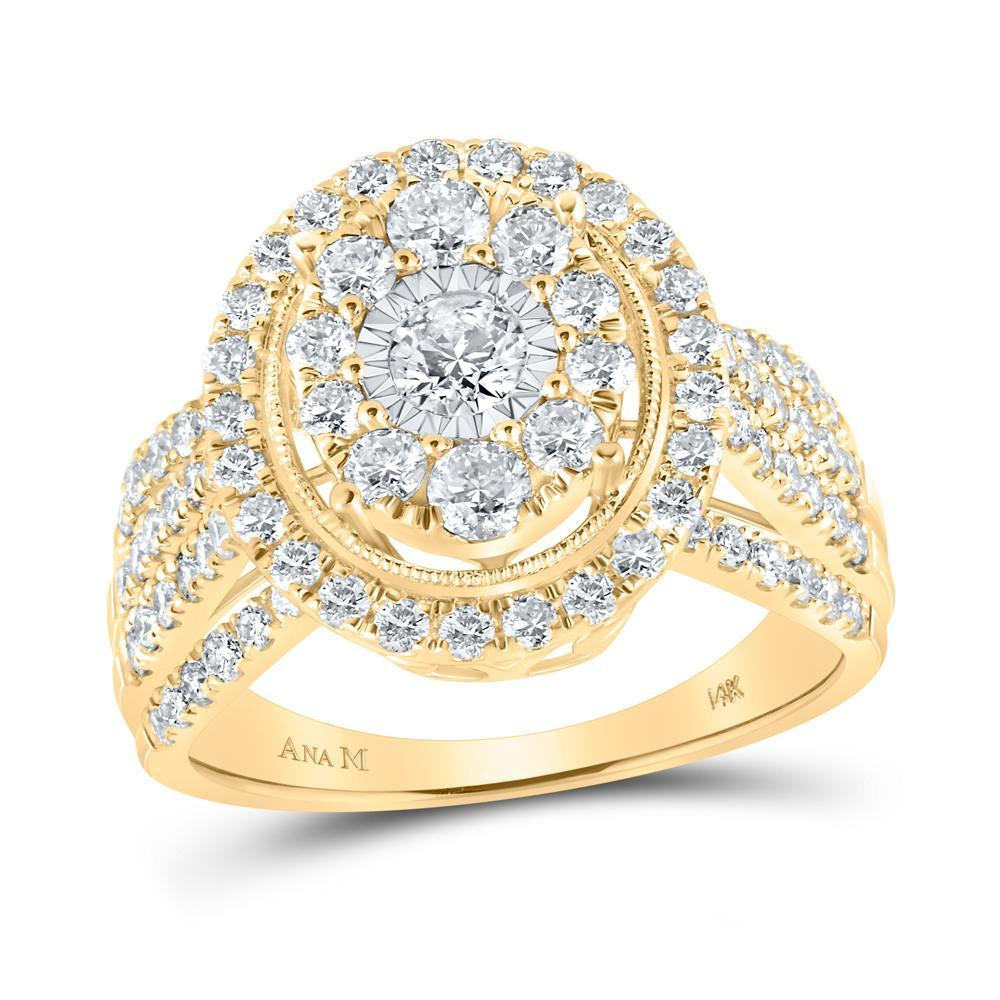 14kt Yellow Gold Round Diamond Cluster Oval Bridal Wedding Engagement Ring 1-1/2 Cttw