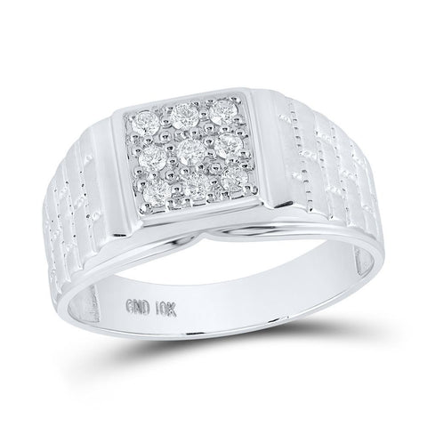 10kt White Gold Mens Round Diamond Square Cluster Brick Ring 1/4 Cttw