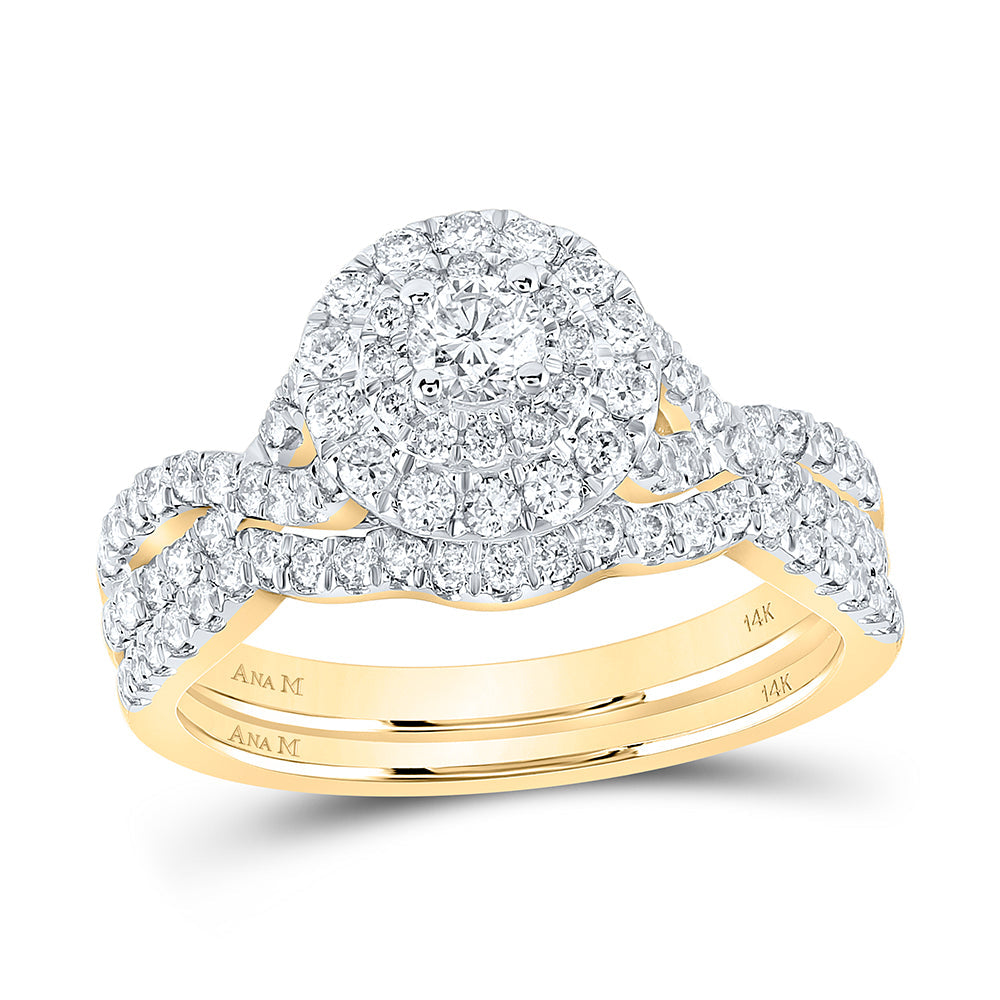 14kt Yellow Gold Round Diamond Halo Bridal Wedding Ring Band Set 1 Cttw