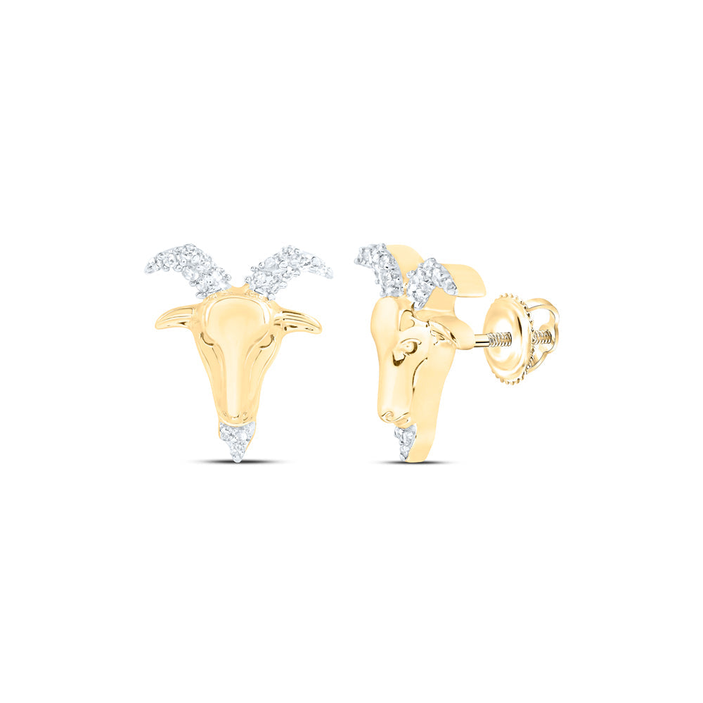 10kt Yellow Gold Round Diamond Zodiac Aries Goat Stud Earrings 1/10 Cttw