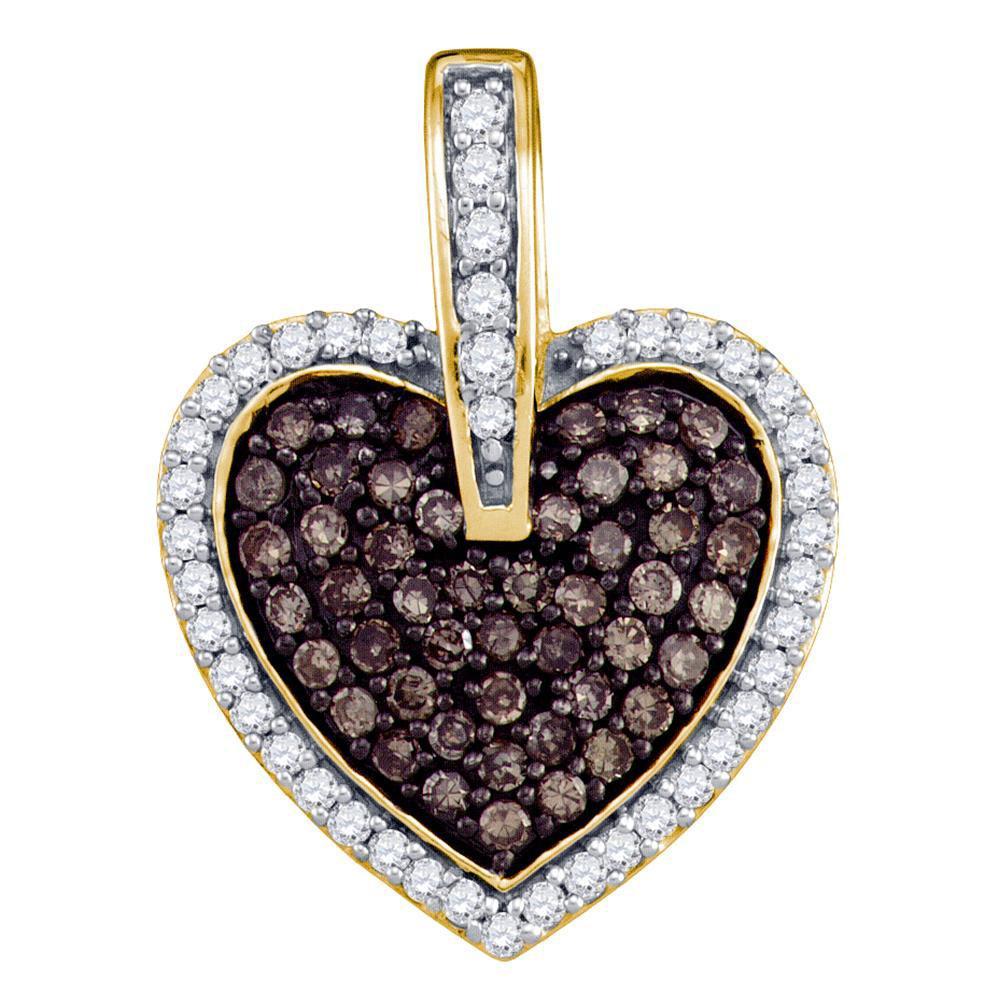 10kt Yellow Gold Womens Round Brown Diamond Heart Pendant 1/2 Cttw