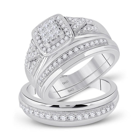 10kt White Gold His Hers Round Diamond Square Matching Wedding Set 3/4 Cttw