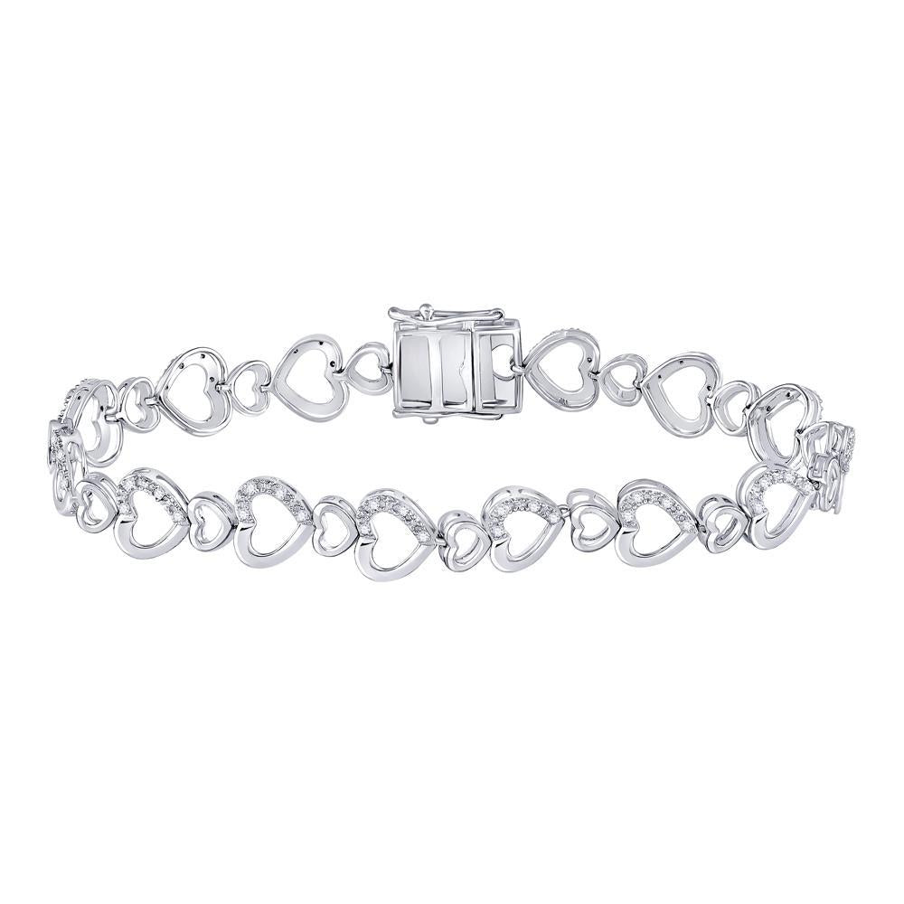 Sterling Silver Womens Round Diamond Heart Tennis Bracelet 1/4 Cttw