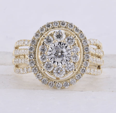 14kt Yellow Gold Round Diamond Cluster Oval Bridal Wedding Engagement Ring 1-1/2 Cttw