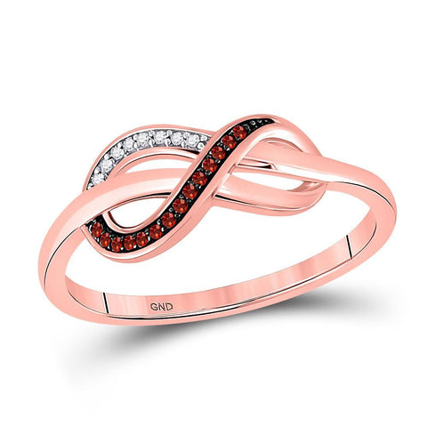 10kt Rose Gold Womens Round Red Color Enhanced Diamond Infinity Ring 1/20 Cttw