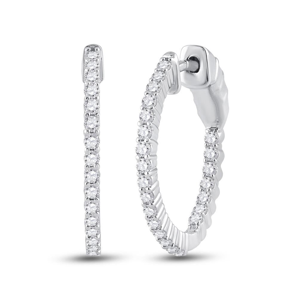 14kt White Gold Womens Round Diamond Single Row Hoop Earrings 1/2 Cttw