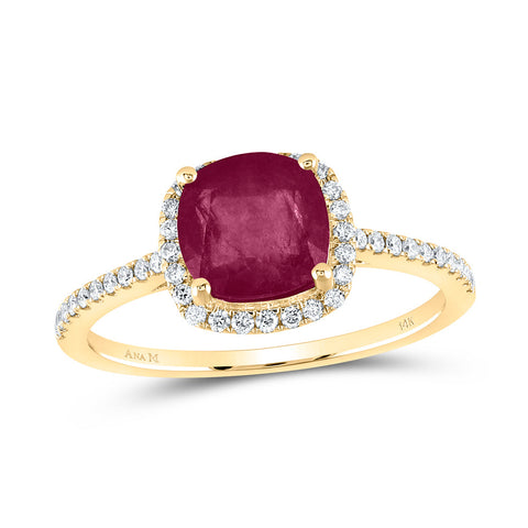 14kt Yellow Gold Womens Cushion Ruby Diamond Halo Ring 2-1/5 Cttw