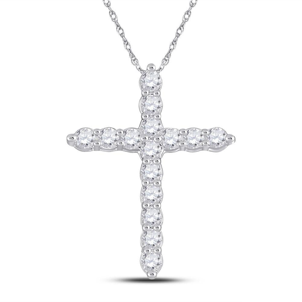 14kt White Gold Womens Round Diamond Cross Pendant 1/2 Cttw