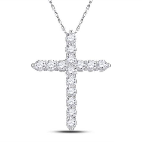 14kt White Gold Womens Round Diamond Cross Pendant 1/2 Cttw