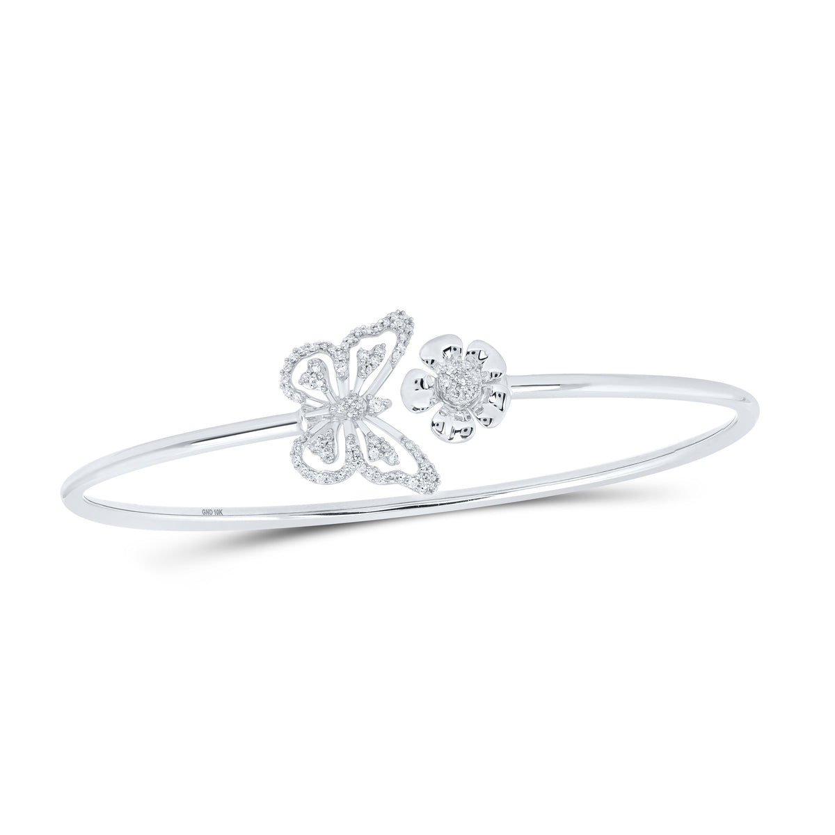 10kt White Gold Womens Round Diamond Butterfly Flower Bangle Bracelet 1/4 Cttw