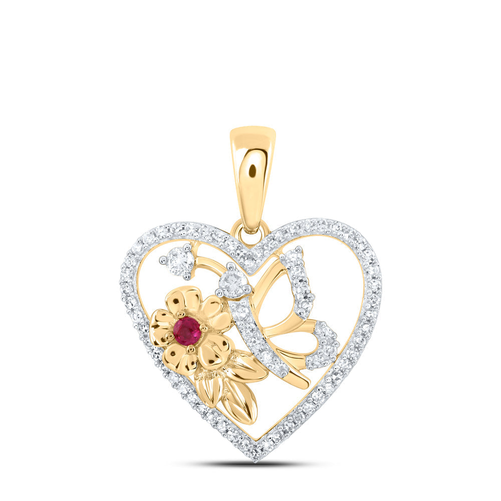 10kt Yellow Gold Womens Round Ruby Diamond Butterfly Heart Pendant 1/5 Cttw