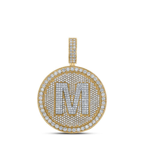 10kt Two-tone Gold Mens Round Diamond Letter M Circle Charm Pendant 3-5/8 Cttw