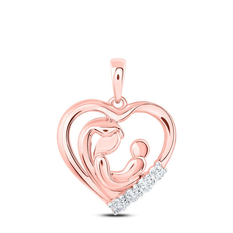 10kt Rose Gold Womens Round Diamond Mother Child Heart Pendant 1/5 Cttw