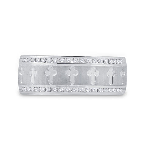 14kt White Gold Mens Round Diamond Wedding Cross Band Ring 1/4 Cttw