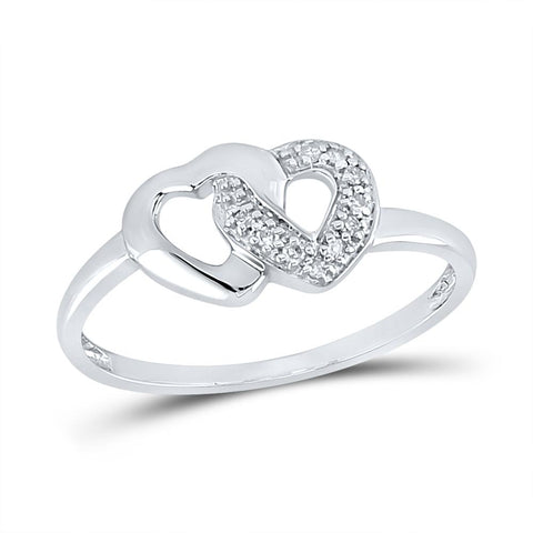 Sterling Silver Womens Round Diamond Double Linked Heart Ring 1/20 Cttw