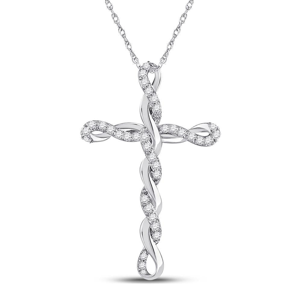 10kt White Gold Womens Round Diamond Twist Cross Pendant 1/4 Cttw