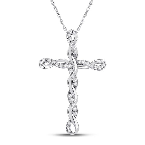 10kt White Gold Womens Round Diamond Twist Cross Pendant 1/4 Cttw