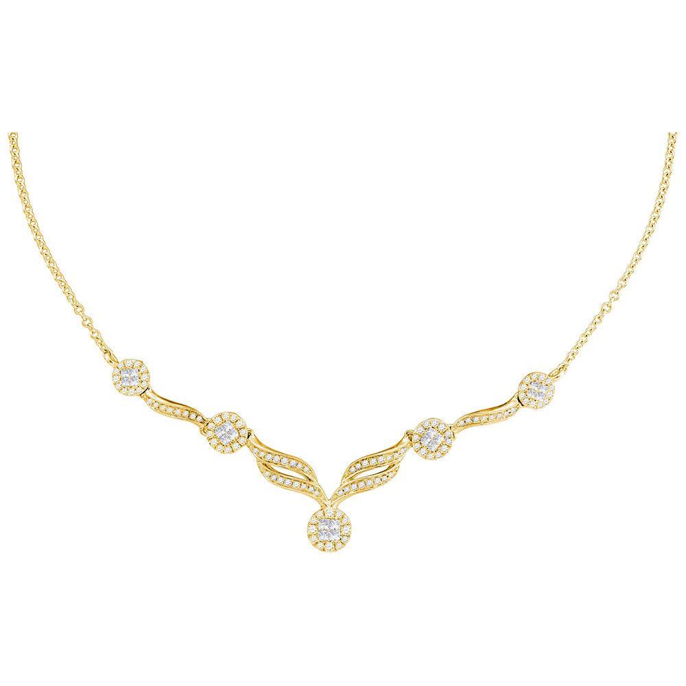 14kt Yellow Gold Womens Princess Diamond Cluster Luxury 18"" Necklace 1 Cttw